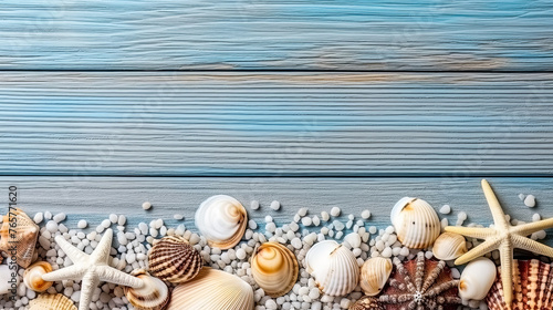 A beach scene with shells and a starfish. The shells are scattered around the starfish, creating a peaceful and relaxing atmosphere