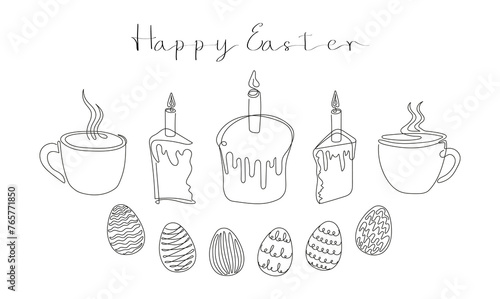 Easter Set in continuous one line style with design elements like Easter cakes with lit candles, painted eggs, steaming mugs with tea or coffee. Happy Easter greeting. Festive food. Black and white