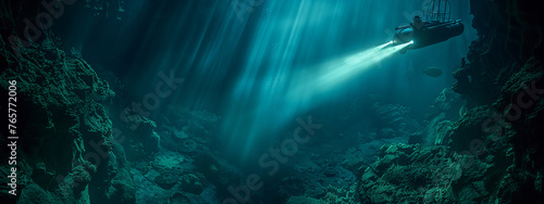 Submarine Exploring Oceanic Abyss With Rays of Light