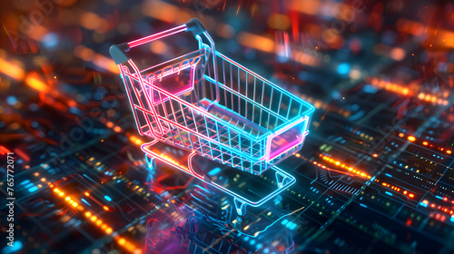 A neon shopping cart is on top of a motherboard. A neon shopping cart is on top of a motherboard. photo