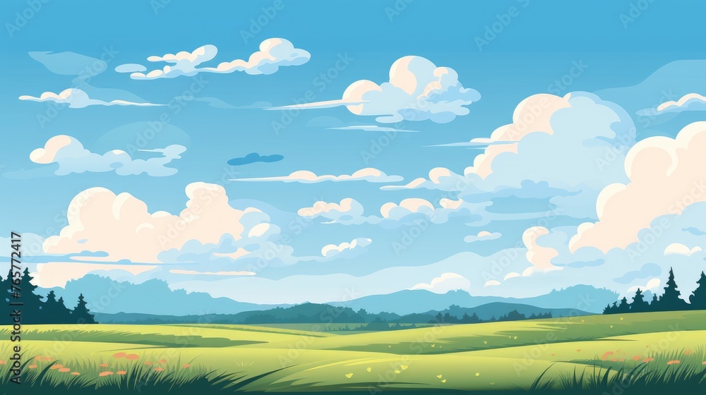 Obraz premium Grass Field landscape with blue sky and white cloud. Blue sky clouds sunny day wallpaper. illustration of a Grass Field with blue sky. green field in a day.