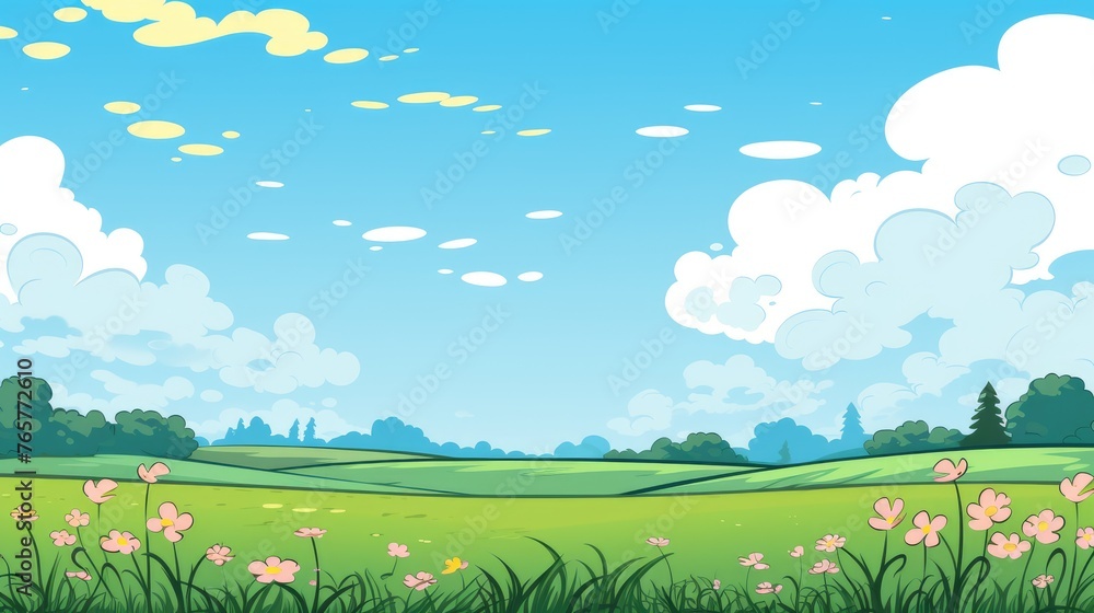 Naklejka premium Grass Field landscape with blue sky and white cloud. Blue sky clouds sunny day wallpaper. illustration of a Grass Field with blue sky. green field in a day. 