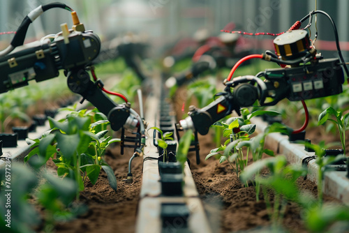 Precision robotic arms delicately planting seeds in neat rows on a modern farm.