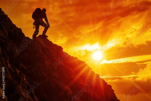 A man is running up the hill, reaching for his goal in front of him. The sun shines brightly behind it