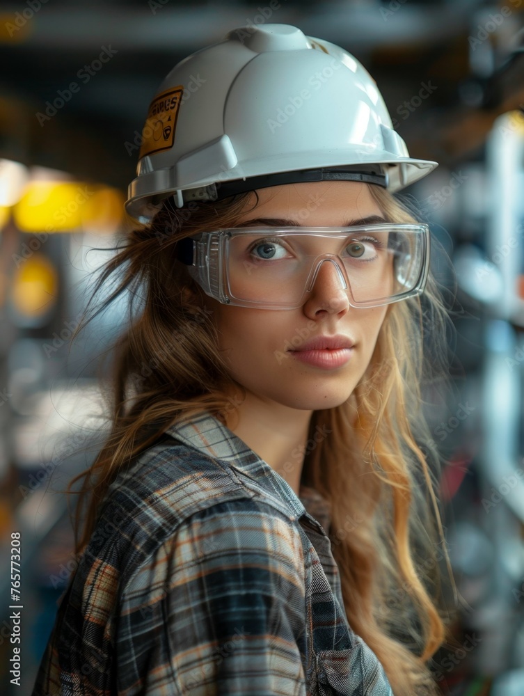 female engineer in a lab, working on robotics, wearing a safety helmet. focused expression.