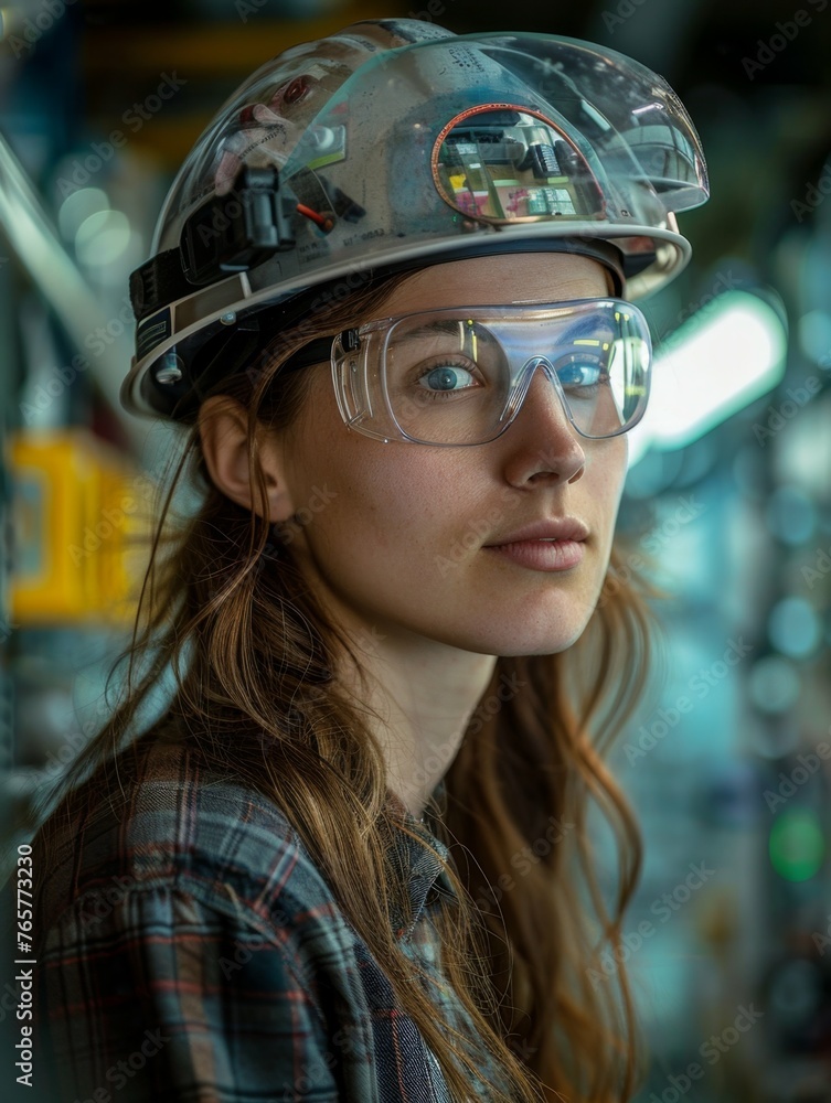 female engineer in a lab, working on robotics, wearing a safety helmet. focused expression. female engineer in a lab, working on robotics, wearing a safety helmet. focused expression.