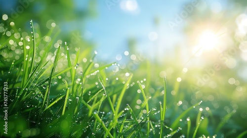 In this enchanting abstract spring background, the close-up side view of a lush, fresh green grass hill takes center stage against the canvas of a brilliant blue sky and a backdrop of radiant sunlight