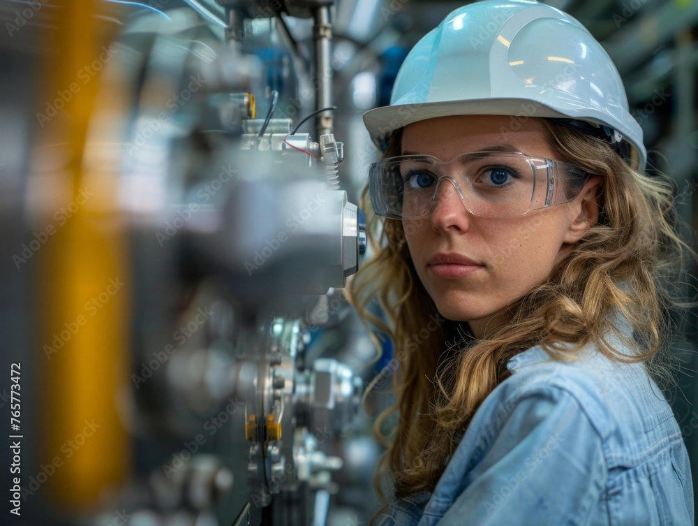 female engineer in a lab, working on robotics, wearing a safety helmet. focused expression. female engineer in a lab, working on robotics, wearing a safety helmet. focused expression.