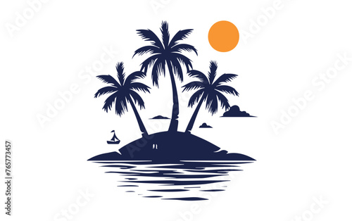  Summer illustration, palm tree, sea, sun, hand drawn style