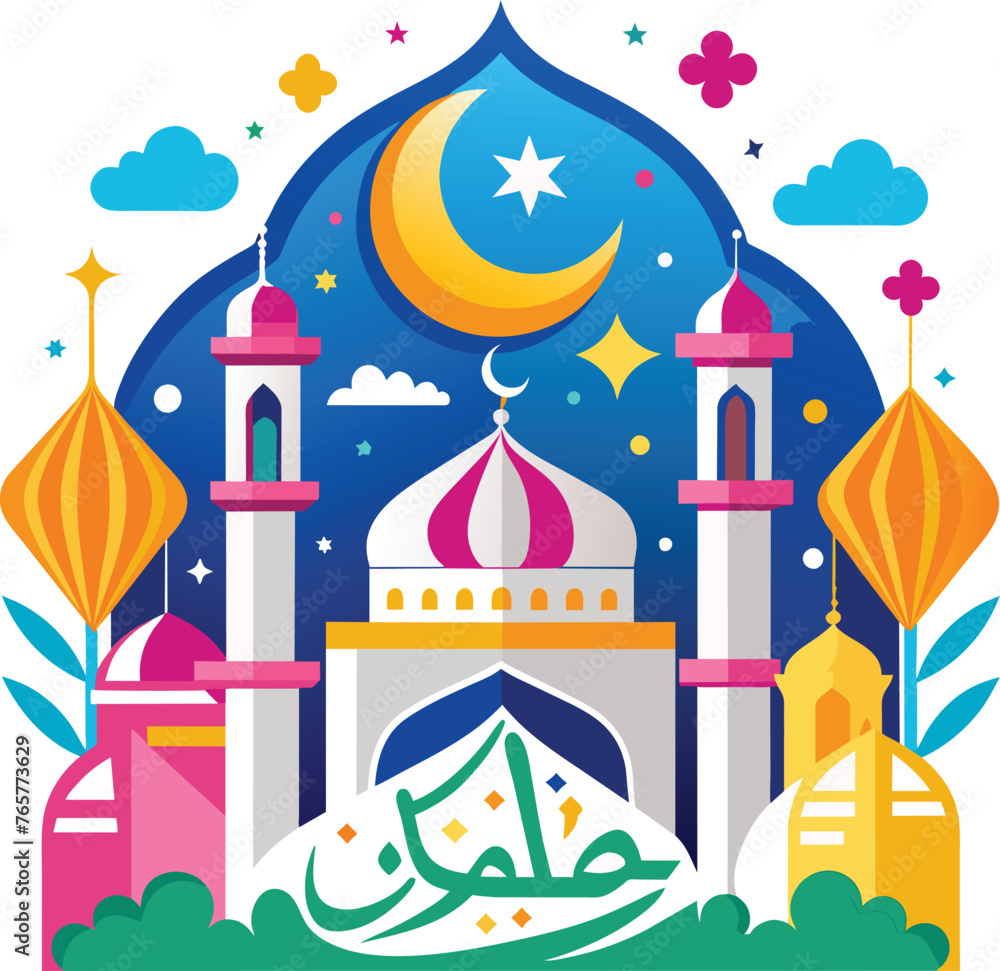 Vector illustration of Eid Mubarak with mosque, crescent and moon. Vector illustration of Eid Mubarak with mosque, crescent and moon.