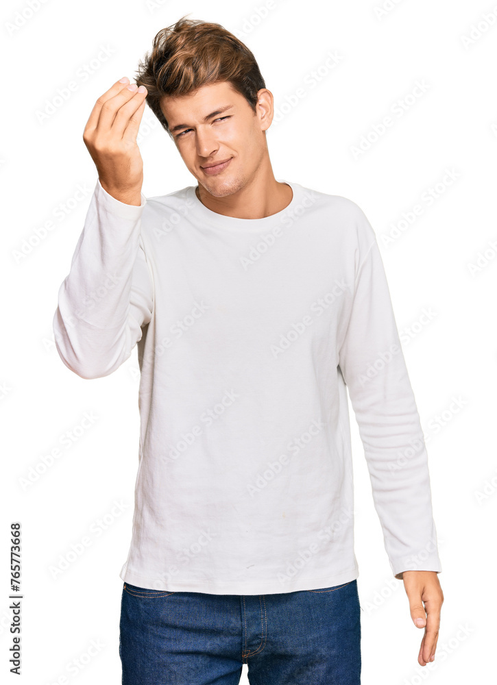 Handsome caucasian man wearing casual white sweater doing italian gesture with hand and fingers confident expression Handsome caucasian man wearing casual white sweater doing italian gesture with hand and fingers confident expression