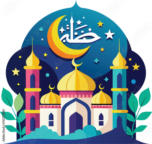Vector illustration of Ramadan Kareem greeting card with mosque and crescent moon