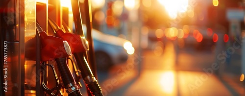 modern gas station fuel pump at sunset with blurred background. Closeup of orange and red nozzles, sunlight, cars in the blurry background photo