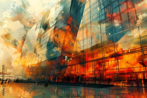 The heat of the fire warps the glass of the shopping center, creating a distorted reflection of the chaos outside. Illustration  photo