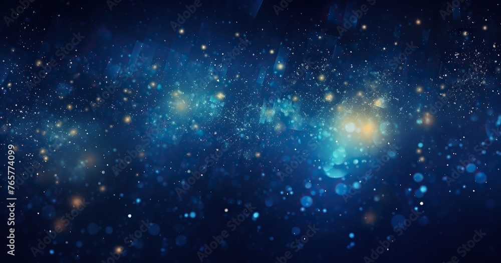 Abstract beautifull background with glowing particles and glitter on dark blue background, glittering dust or sparkles in the air. 