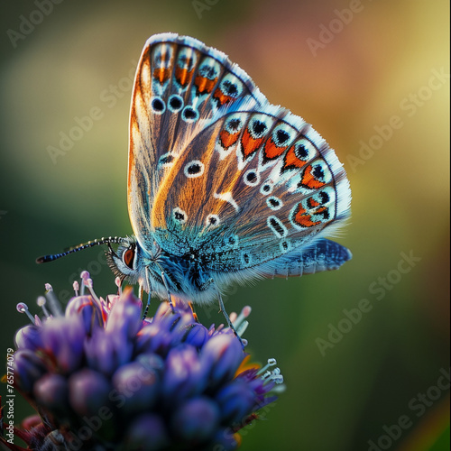 Close-up of a colorful butterfly on a wild flower, bright colors, detailed texture
