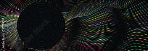 Abstract geometric pattern illustration. A banner featuring multiple colors of dots with a black spot for placing copy text.