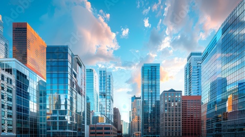 A panoramic view of a cityscape with tall office buildings  showcasing the integration of technology and workspaces 