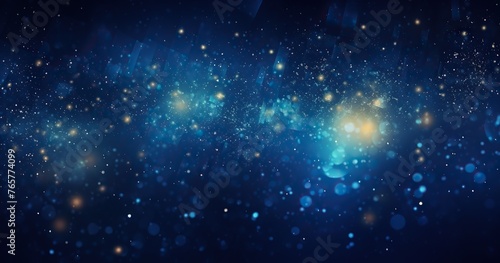 Abstract beautifull background with glowing particles and glitter on dark blue background, glittering dust or sparkles in the air. 