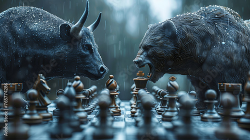 In a dramatic confrontation, a bull and a bear loom over a chessboard, metaphorically depicting the struggle between market forces. photo