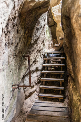 Stairs to the ruins of Saunstejn rock castle in the Czech Switzerland National Park, Czech Republic