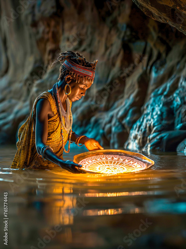 A black woman mining gold in a water cave.