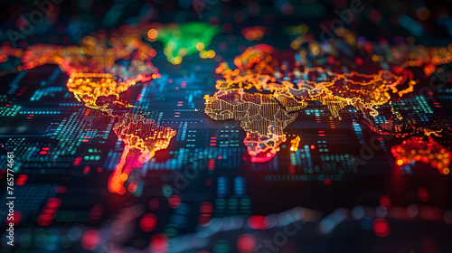 A world map glows with vivid lights, symbolizing the bustling activity and connectivity of the global network in the digital age.