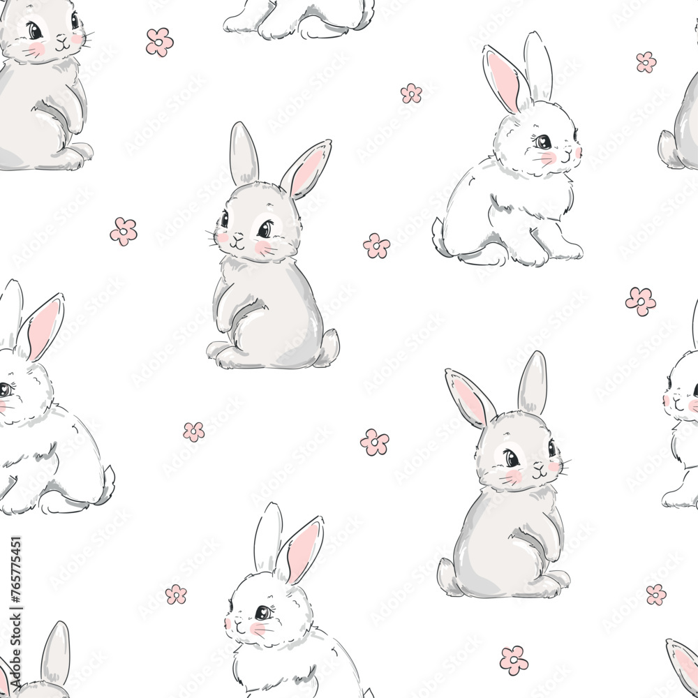 Obraz premium Cute rabbits and flowers background vector seamless pattern 