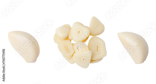 Top view set of peeled white garlic cloves with slices in stack isolated with clipping path in png file format