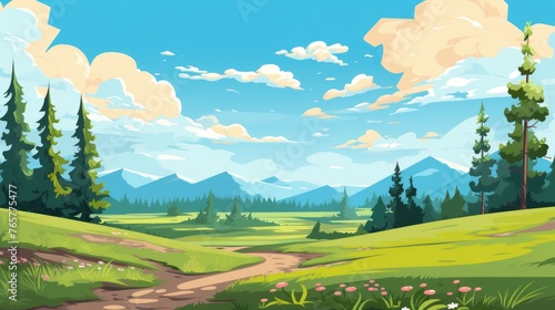 A mountain with road and blue sky. mountain Landscape with Blue Sky. landscape with mountains with blue sky clouds wallpaper. Cartoon illustration of a road in a field with mountain and clouds.