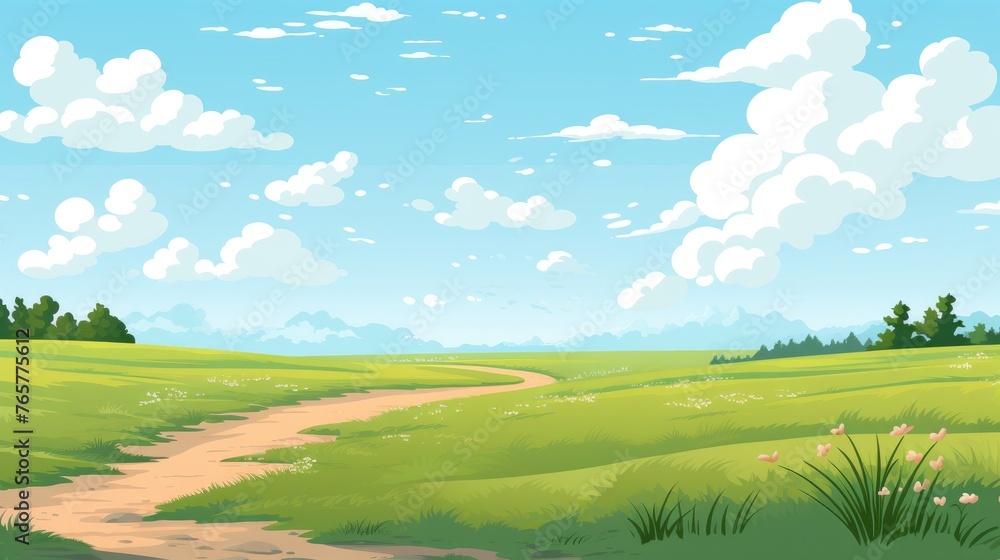 Obraz premium Nature Landscape with Blue Sky. Nature landscape with blue sky clouds wallpaper. Cartoon illustration of a road in a field with blue sky and clouds.