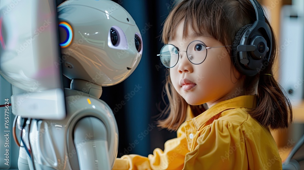 Asian female child with glasses learn together with an AI robot Asian female child with glasses learn together with an AI robot