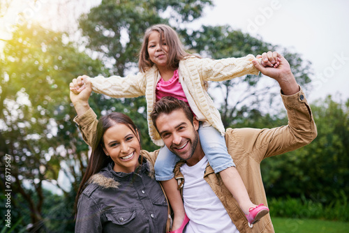 Mother, father and child in portrait in park with love, bonding and support at outdoor family adventure. Smile, parents and girl walking in garden together with happy man, woman and kid in nature