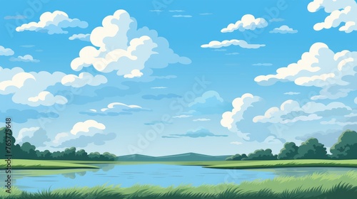 Grass Field landscape with blue sky and white cloud. Blue sky clouds sunny day wallpaper. illustration of a Grass Field with blue sky. green field in a day. © jokerhitam289