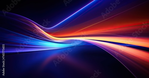 Abstract beautifull background with neon light lines, curved tunnel of time and space, digital futuristic wallpaper, blue purple orange gradient backdrop for product presentation 