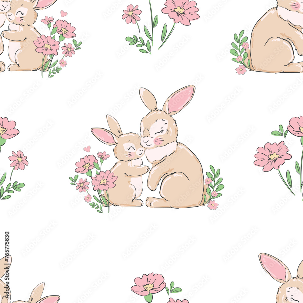Cute rabbits, mother and baby, and flowers background vector seamless pattern 
