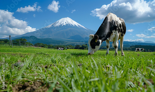 Cows eating lush grass on the green field in front of Fuji mountain, Japan photo