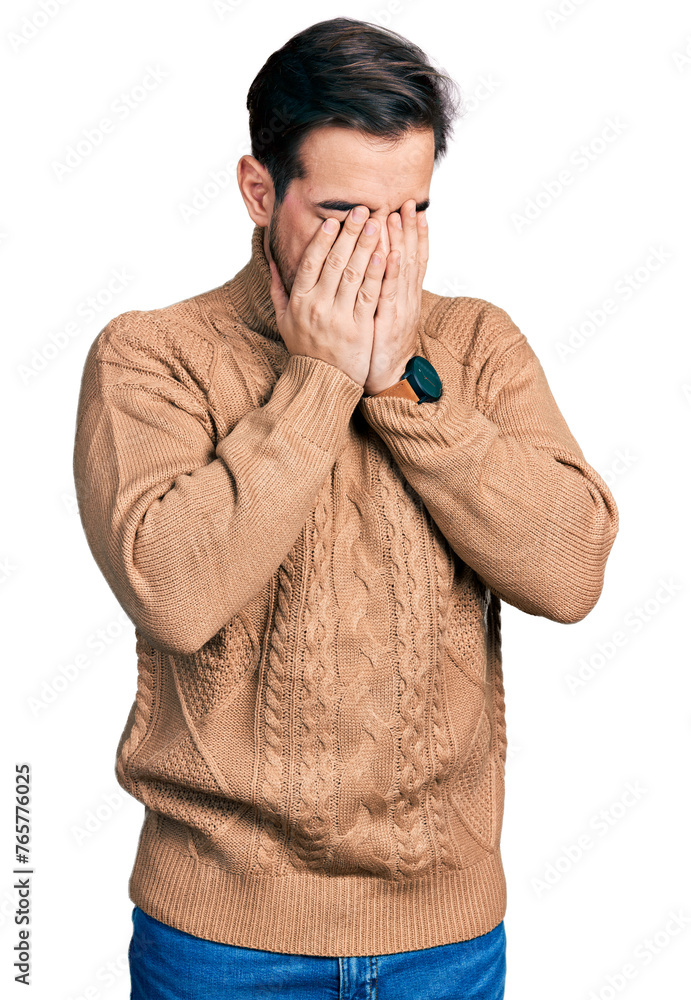Young hispanic man wearing casual clothes with sad expression covering face with hands while crying. depression concept. Young hispanic man wearing casual clothes with sad expression covering face with hands while crying. depression concept.