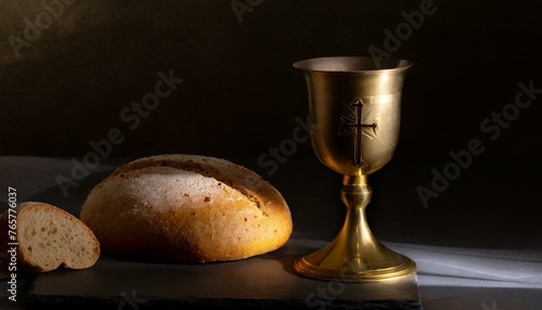 Loaf of bread and clay chalice on a black background. Holy Thursday Background