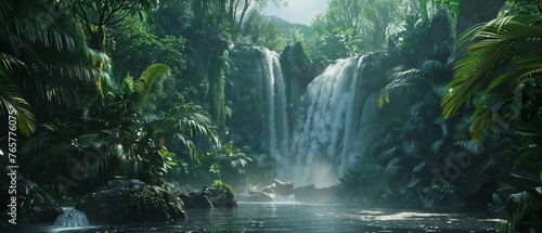 Waterfalls roar defiance in a lush jungle the scene of a nanotechnology malfunction