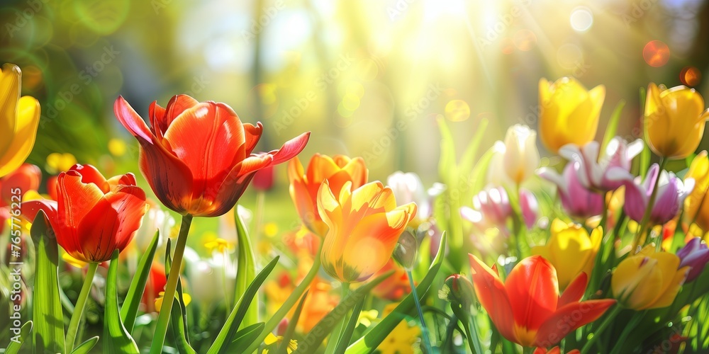 Radiant Spring Blooms: A Field of Vivid Tulips Bathed in Sunlight