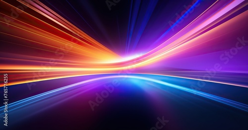 Abstract beautifull background with neon light lines, curved tunnel of time and space, digital futuristic wallpaper, blue purple orange gradient backdrop for product presentation 