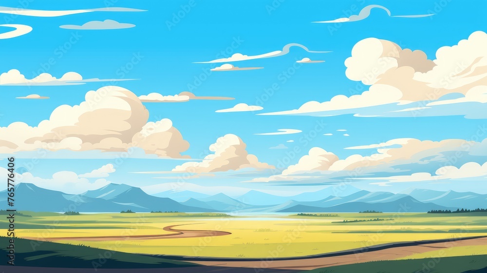 Fototapeta premium Grass Field landscape with blue sky and white cloud. Blue sky clouds sunny day wallpaper. illustration of a Grass Field with blue sky. green field in a day. 