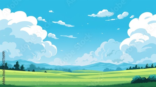 Grass Field landscape with blue sky and white cloud. Blue sky clouds sunny day wallpaper. Cartoon illustration of a Grass Field with blue sky in Summer. green field in a day.