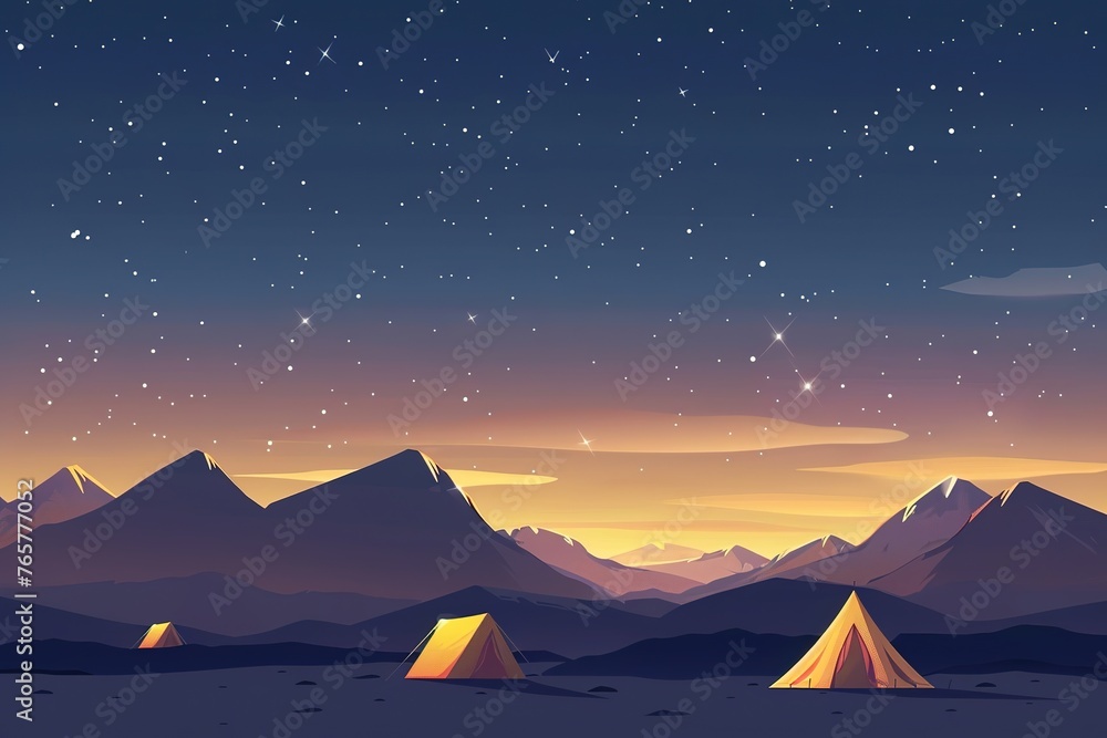 Starry night sky over a mountain range with cozy tents.