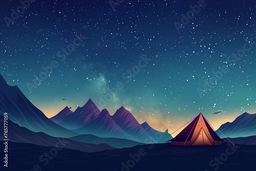 A tent under a starry sky with majestic mountains in the background at dusk.