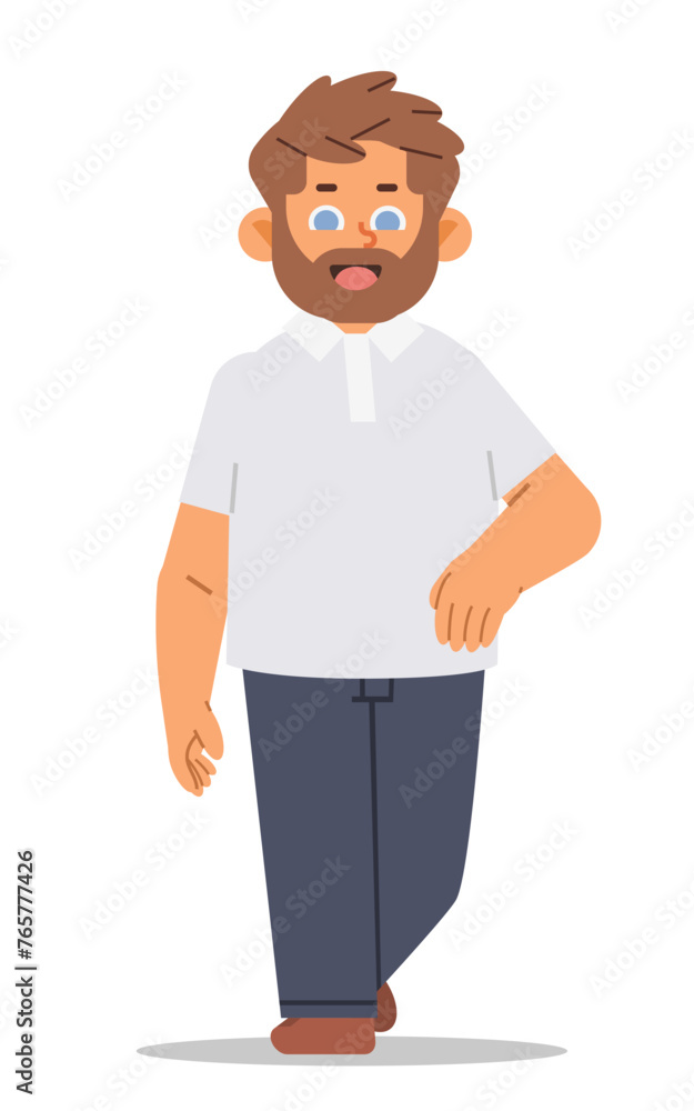 Smiling man takes a step towards the viewer. Vector character on isolated background