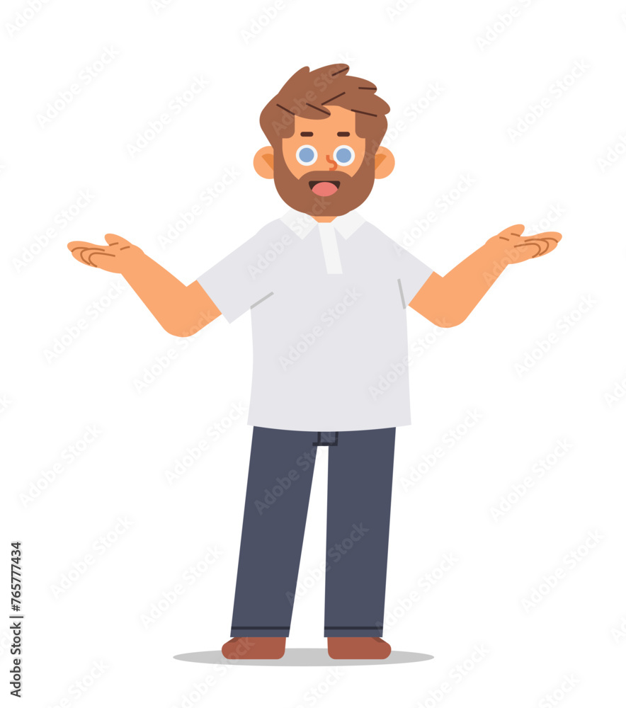 Positive man spreading his hands to the sides. Guy in casual clothes vector illustration on isolated background Positive man spreading his hands to the sides. Guy in casual clothes vector illustration on isolated background