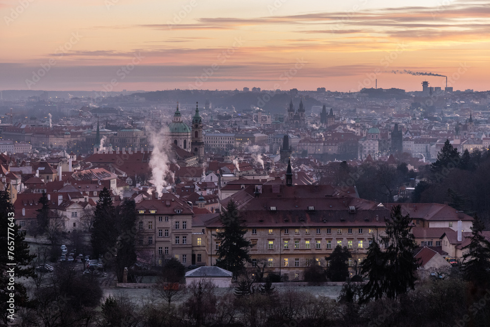 Early morning aerial view of Prague, Czech Republic