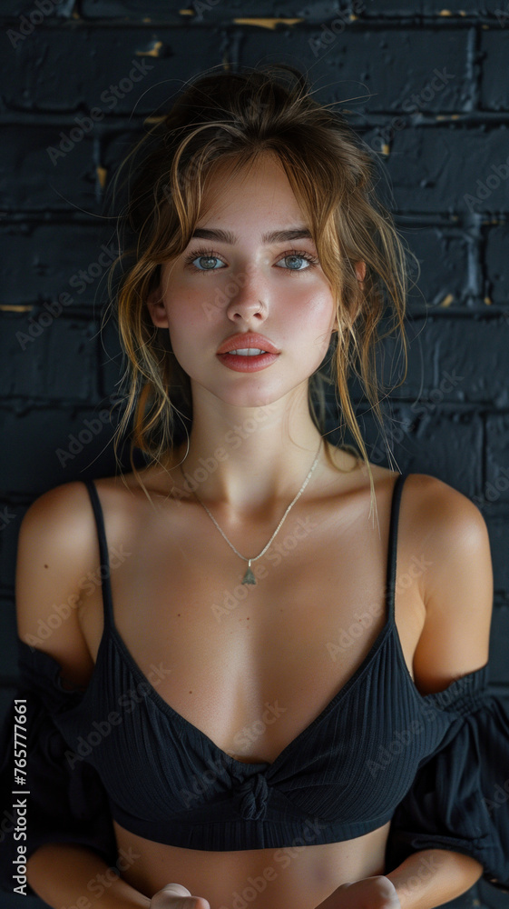 Portrait of Caucasian attractive woman against background of black brick wall